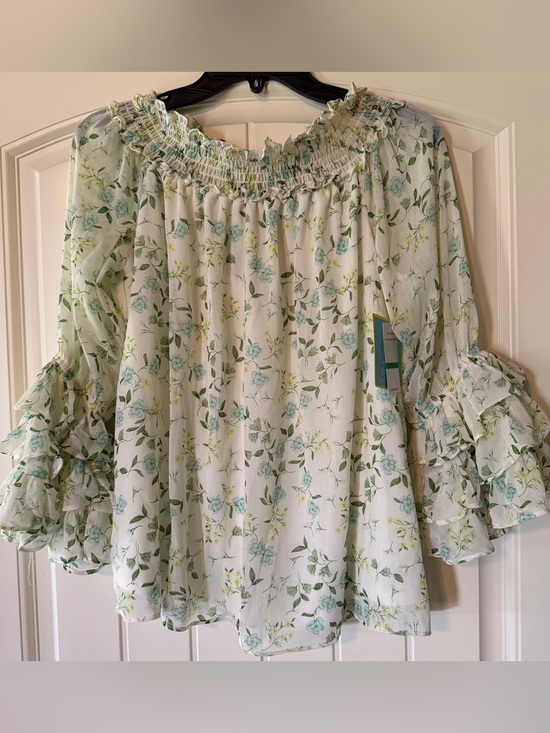 CeCe Tops - CeCe White Off-Shoulder Blouse with Mint Floral Print
